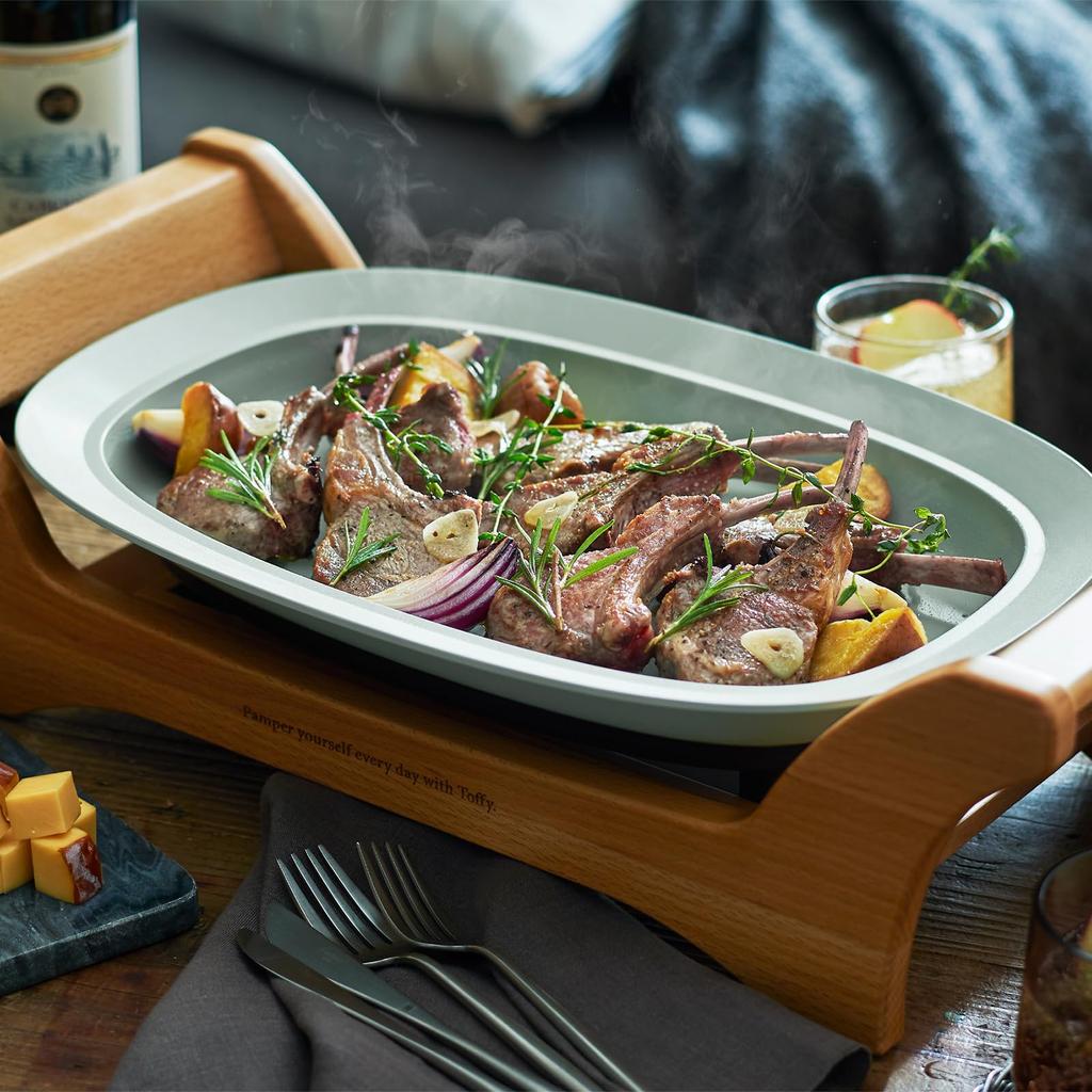 Ovale Grillplatte, Heizung, integrierte Konstruktion, Keramik-Kochplatte, Braten, Echtholz, stilvoll, stilvoll [Toffy] K-GP1 (Blasses Aqua) Backen/Köcheln/Dämpfen/Rühren 230℃
