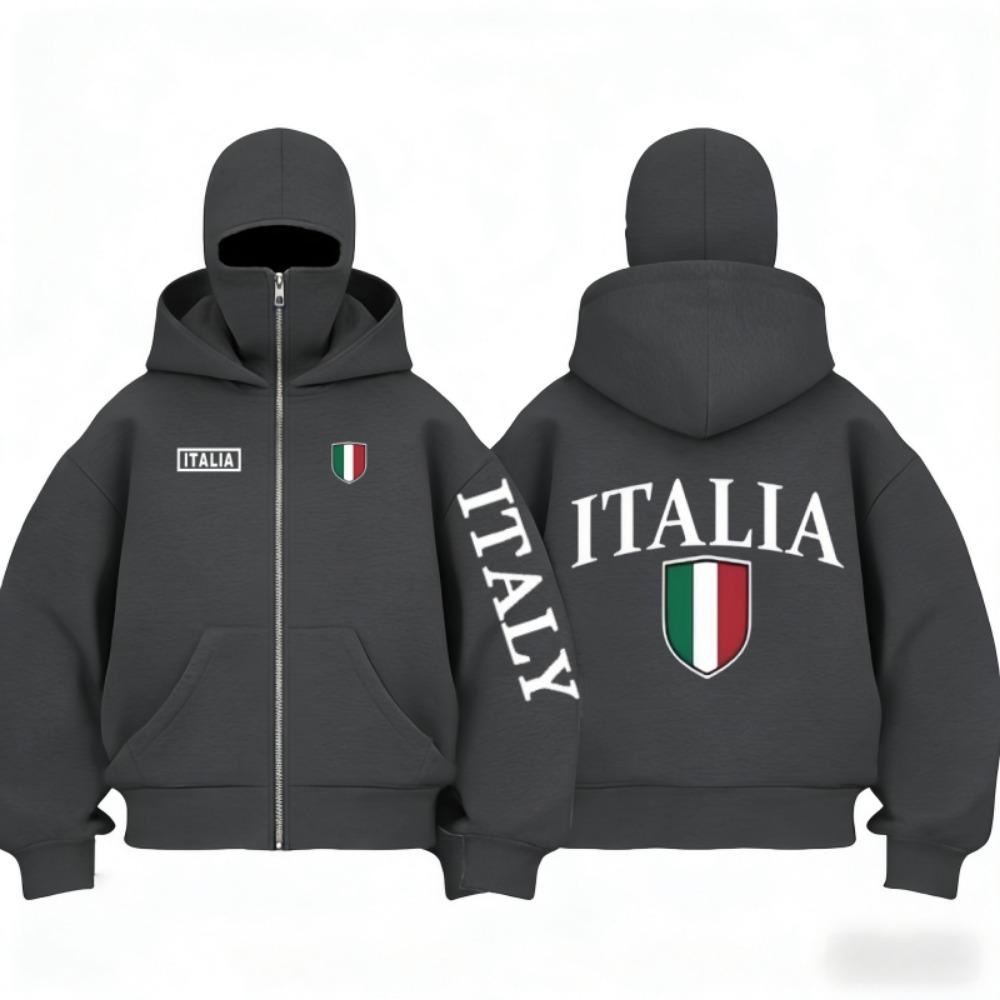 Autumn and Winter Flag Pattern Wool Zipper Hooded Sweatshirt Hooded Mask Design Fashionable Sportswear
