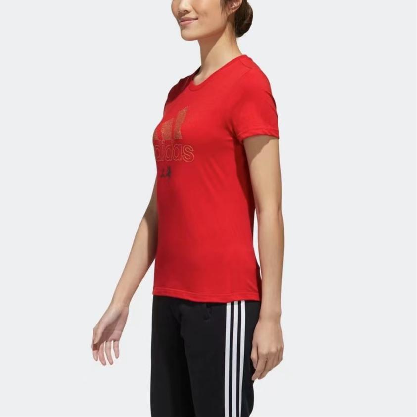 adidas Logo Letter Print Round Neck Moisture Wicking Breathable Sports Casual Short Sleeve T-Shirt Women T-Shirt Red GL5594