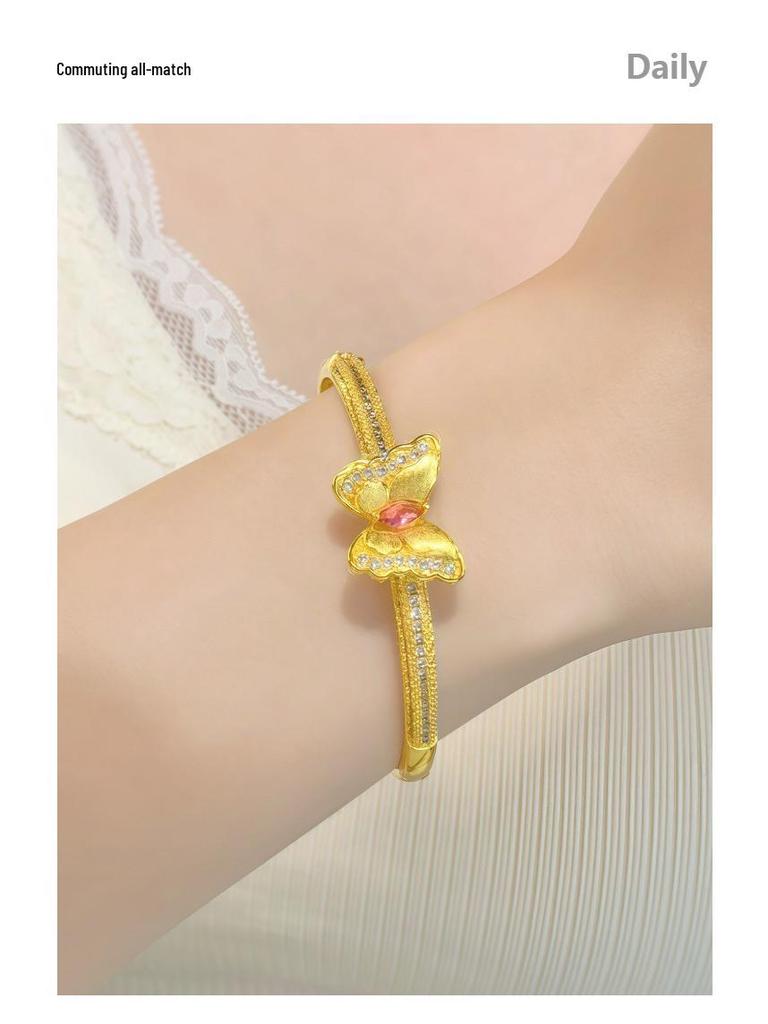 Gold-Plated Ruby Diamond Butterfly Bangle Bracelet - Women's Luxury Fashion Jewelry