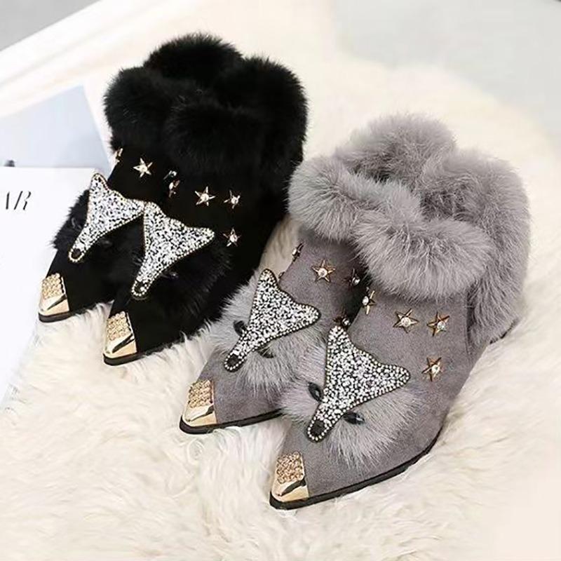 Pointed Head Hairy Shoes Women's Big Size Padded Thick Heel Thick Single Shoes Fall and Winter Warm Cotton Shoes