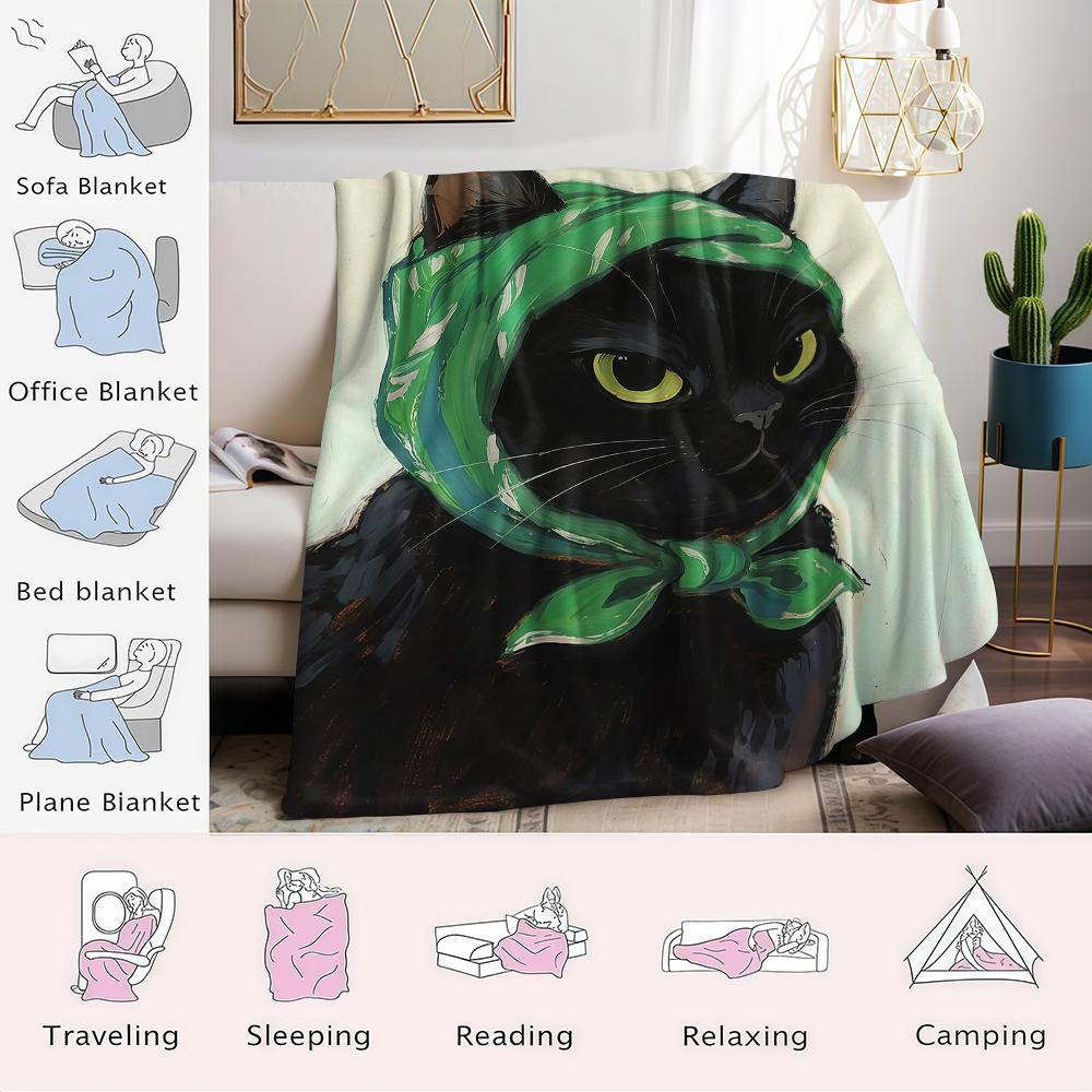 Chic Black Cat with Green Headscarf Flannel Blanket Warm Soft Halloween Christmas Couch Warm Cozy Decorative for All Season