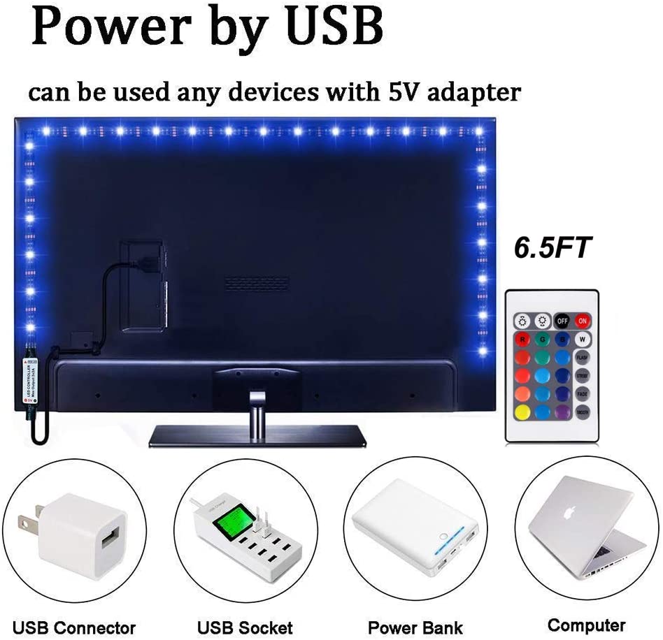 Led Strip Lights 6.56ft for 40-60in TV USB Backlight Kit with Remote 16 Color 5050 Bias HDTV
