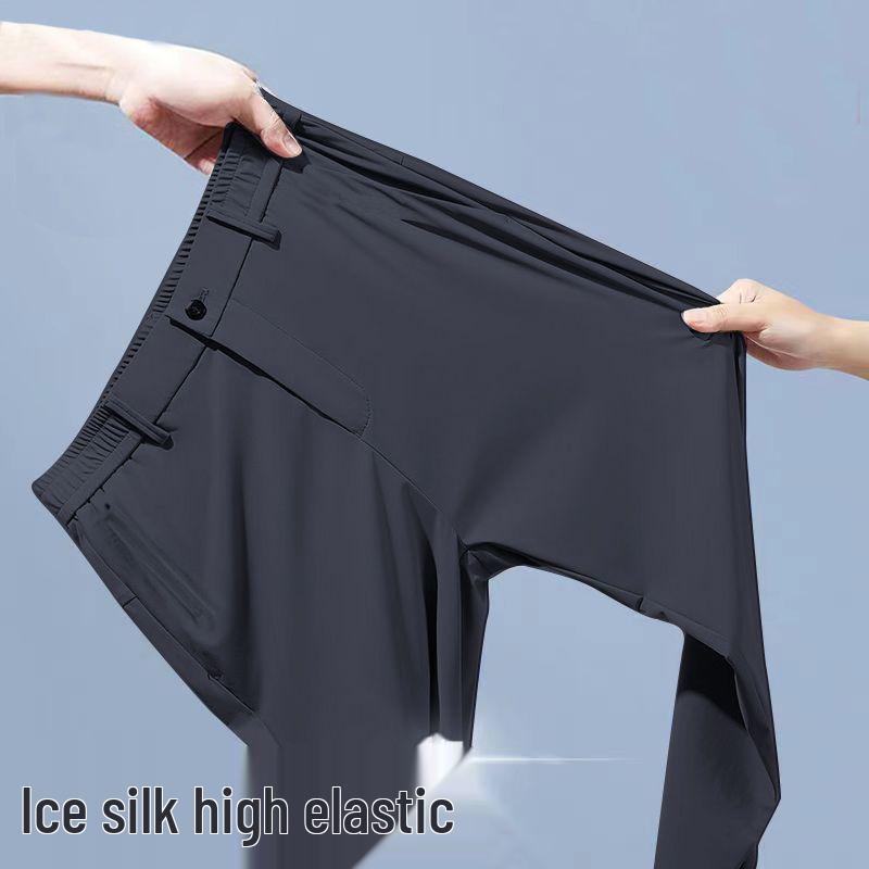 Men's Semi-Elastic High-Stretch Ice Silk Casual Summer Pants - Thin, Straight, Loose, High-End Suit Style