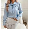 Standing Collar Bow Long Sleeved Women's Satin Shirt, Elegant and Slim Fit, Suitable for Commuting To Work