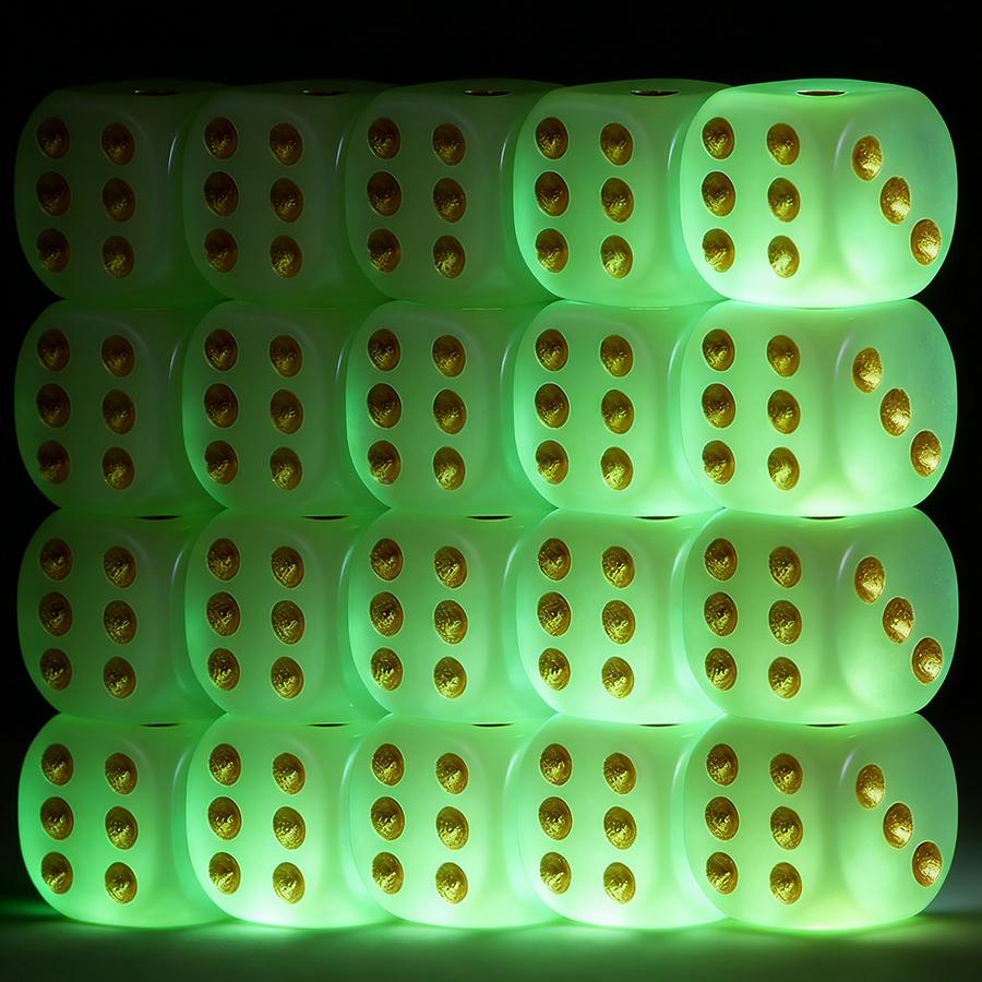10pcs 16mm Glow in the Dark Dice Green Luminous D6 Dice with Gold Pips, Plastic Standard Size Game Dice Table Games Party Favors