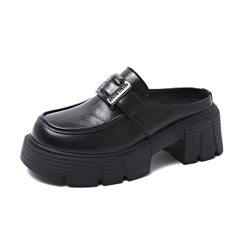 Half slippers, women's British-style retro leather shoes, muffins, thick-soled slippers, buckle straps, 2025 spring/summer sandals trend