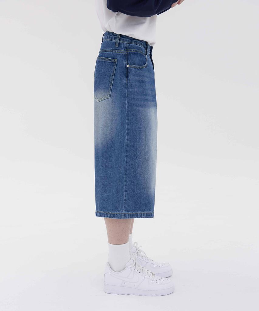 Akeusi Summer Bermuda Wide 3/4 Washed Denim Pants Unisex (Medium Blue)