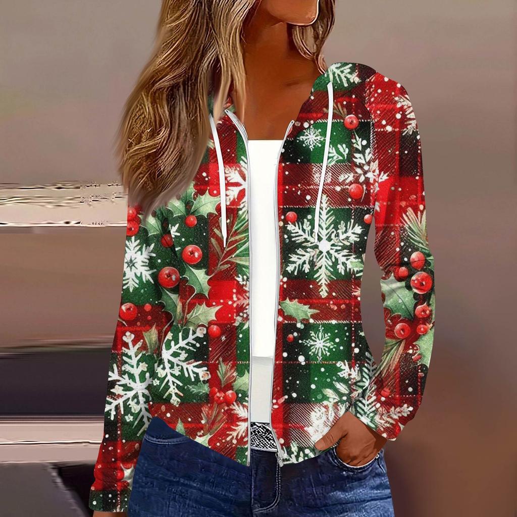 Dame Mote Juleprint Casual Glidelås Langermet Hettejakke