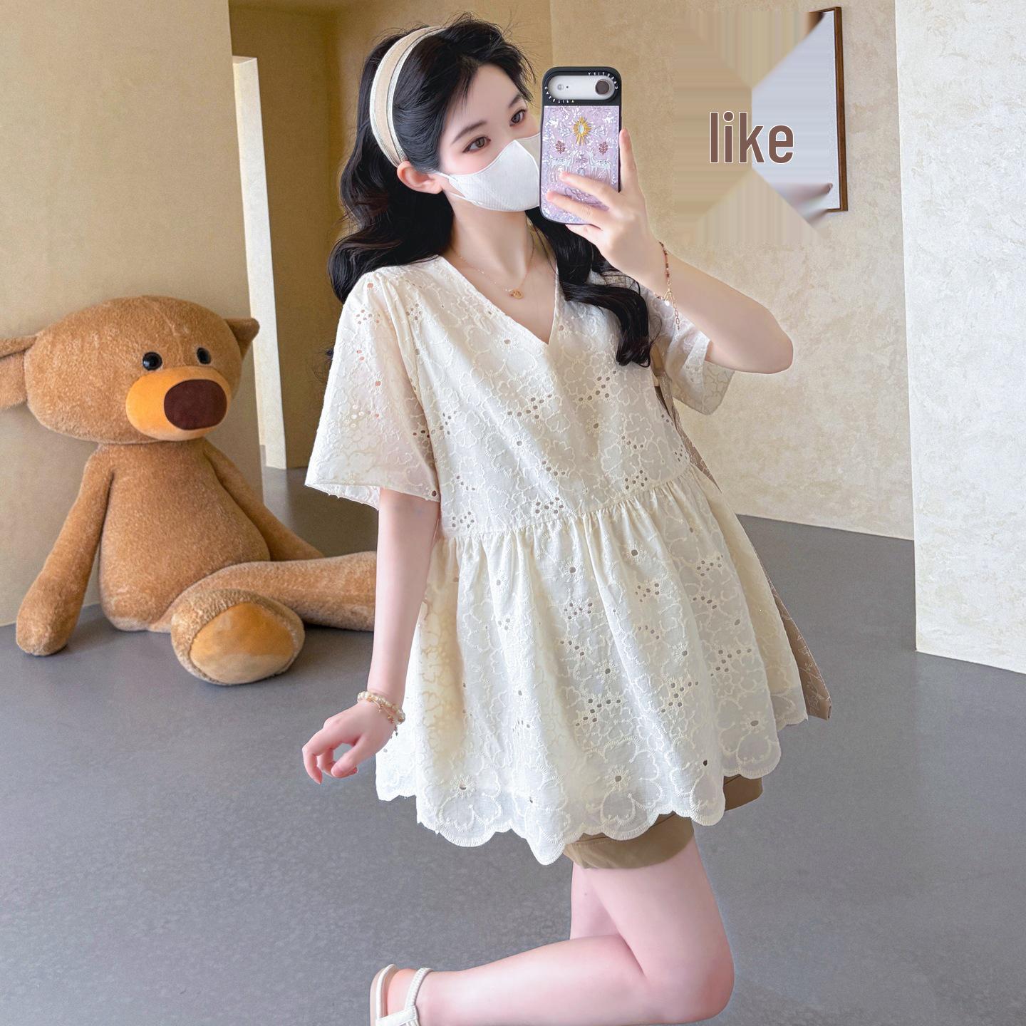 2026 Summer Maternity V-Neck Lace Embroidery Top + Belly Support Shorts L