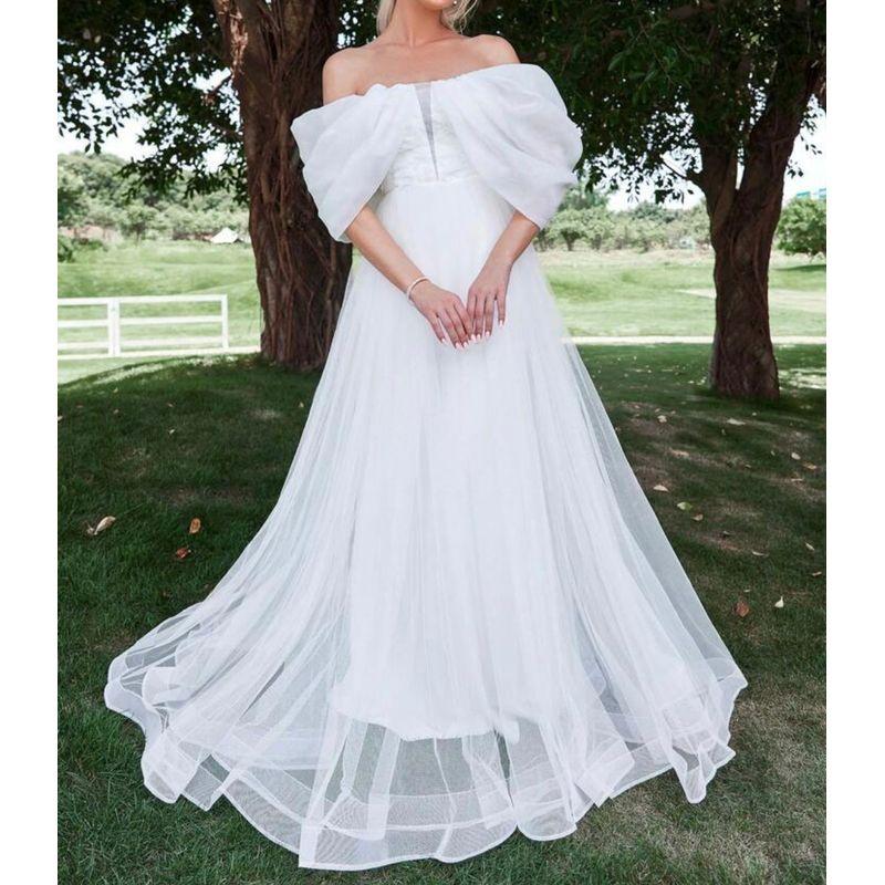 

Foreign Trade High end Fashion Elegant off-Neck Three-Dimensional Flower Banquet Party Host Wedding Simple Wedding Dress Dress White XL