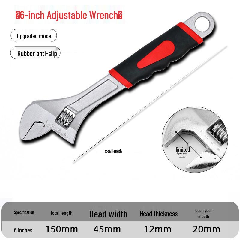Industrial Grade Multifunctional Adjustable Wrench with Large Opening and Rubber Coating