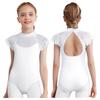 Girls Lace Cap Sleeves Dance Leotard Sheer Mesh Patchwork Cutout Bodysuit for Ballet Practice Exam