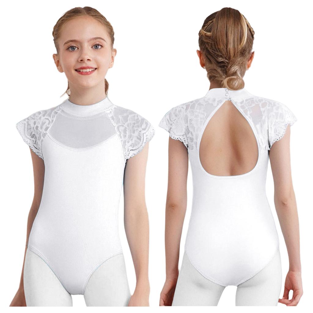 Girls Lace Cap Sleeves Dance Leotard Sheer Mesh Patchwork Cutout Bodysuit for Ballet Practice Exam