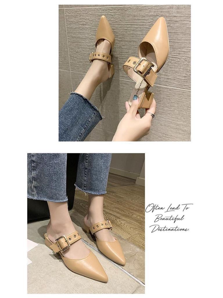 Women's 2025 Summer Korean Style Pointed Toe Closed Slippers with Belt Buckle & Chunky Heel