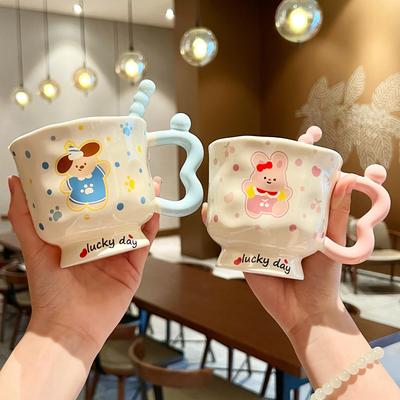 Ins Cute Goblet Creative Cartoon Ceramic Mug with Lid Spoon Girls Household Drinking Cup Birthday Gift