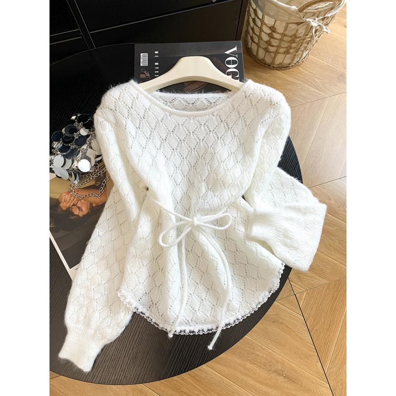 Women's French Lace Patchwork Hollow Knit Pullover – Soft, Fluffy, Waist-Cinched, Stylish Long Sleeve for Early Autumn