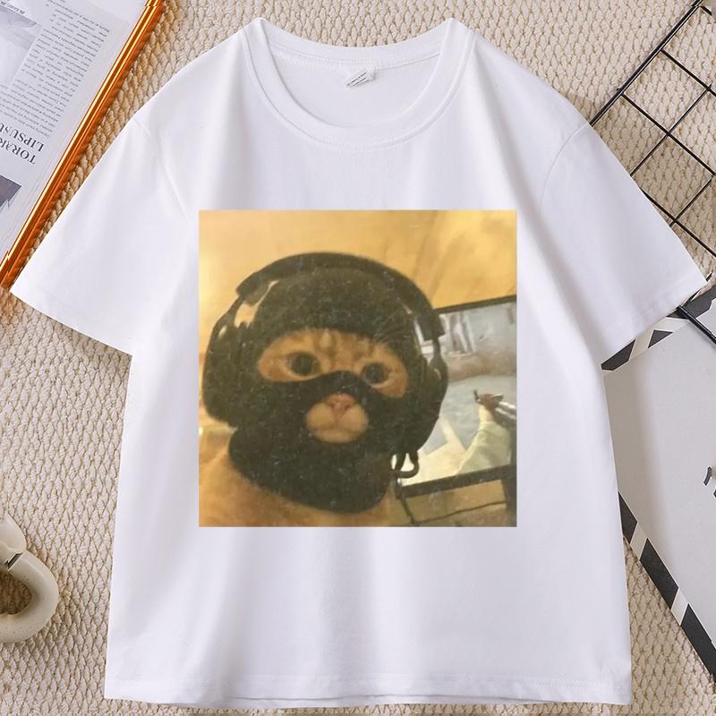 Vintage Funny Gamer Cat T Shirt Tactical Kitty Joke Tee Cool Cat Short Sleeve Round Neck Tshirt Streetwear Loose Clothes Tops