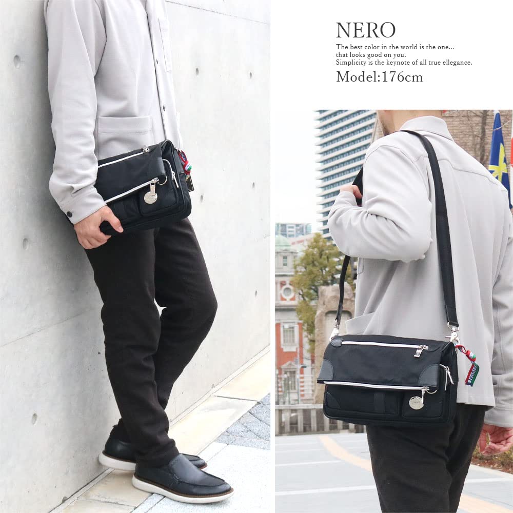 Orobianco Clutch Bag with Shoulder Made in Made of Limonta Genuine Leather and Brand Name CAMELOT-B (NERO/Black) Strap, 2-Way, Italy, Nylon, Nylon,