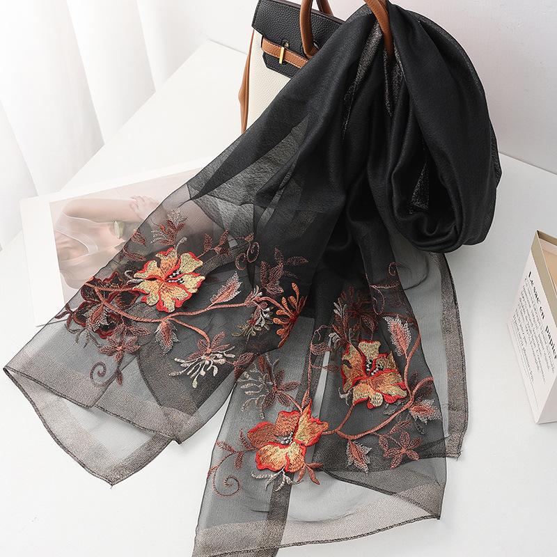 Fashion silk wool scarf women hijab pashmina shawls wrap Luxury Bandana Blanket Floral Pashmina Embroidery Scarves Foulard