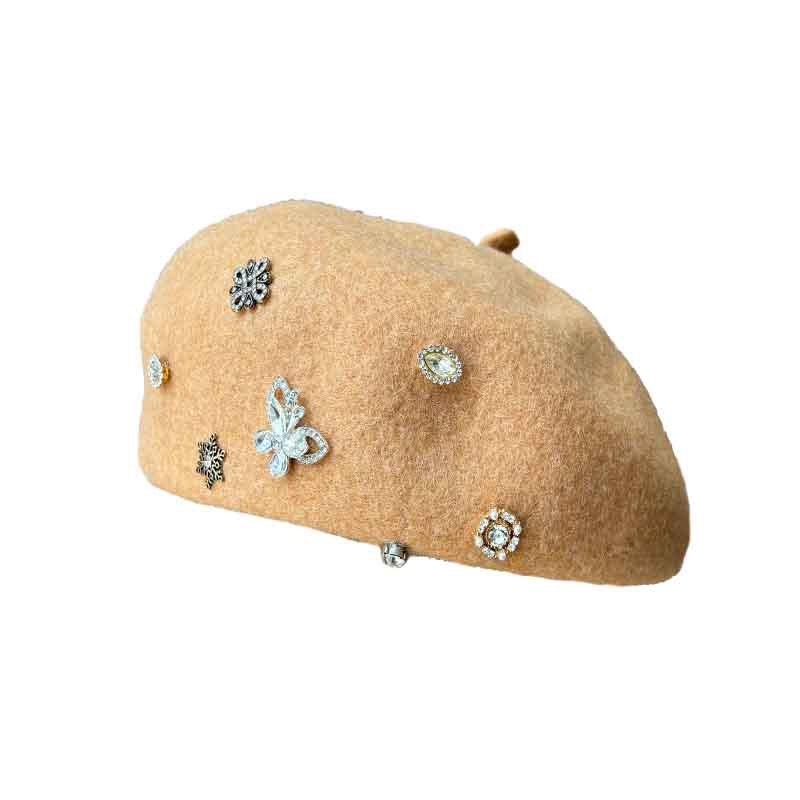 Tide British retro wool woolen rhinestone beret lady three-dimensional painter hat autumn and winter face small pumpkin bud hat