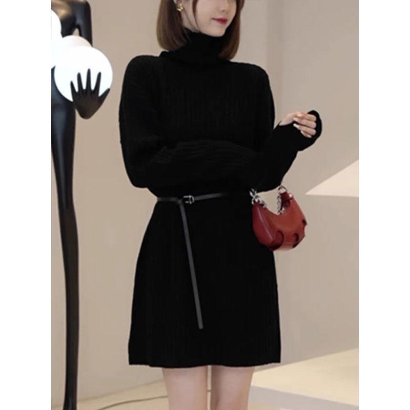 2025 Korean Style Autumn High-neck Knit Dress with Belted Waist for Women