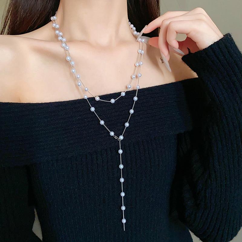 Luxury Long Pearl Tassel Necklace for Women Zircon Leaf Water Drop Shape Pearl Pendent Sweater Chains Elegent Daiy Wear Jewelry