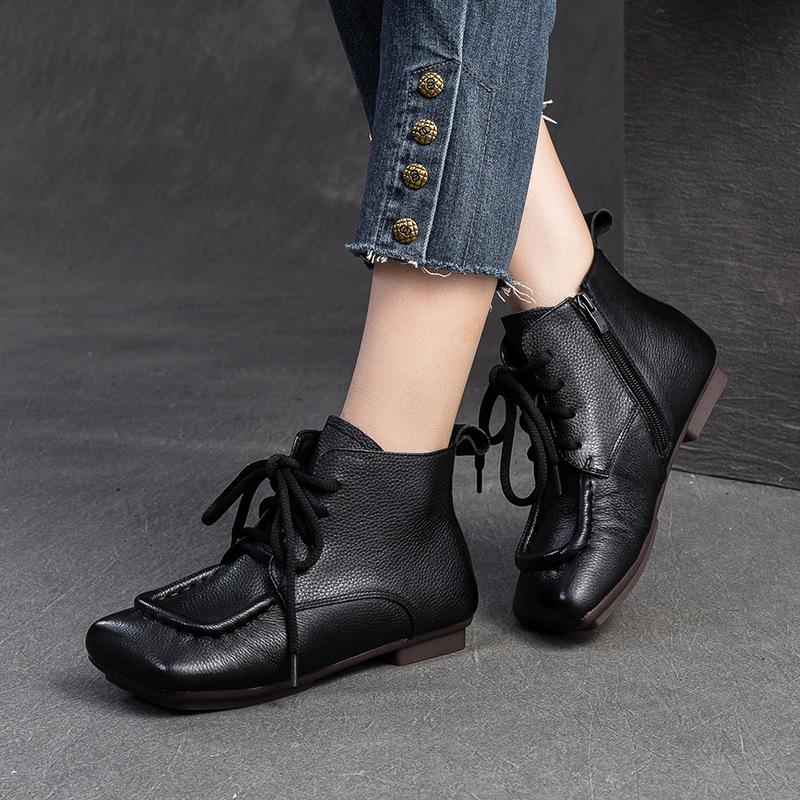 Mode GKTINOO Bottines courtes vintage en cuir de vache fait main 2024 Nouvel Automne Cuir véritable Lacets Bout rond Semelle souple Chaussures pour femmes