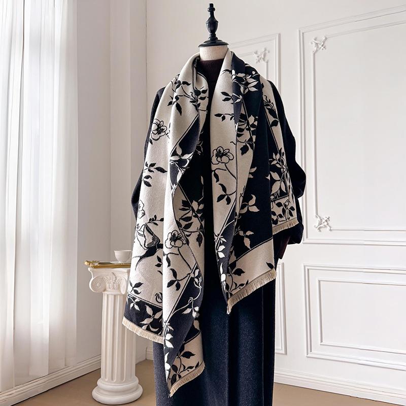 Premium Camellia Jacquard Scarf Women's Small Fragrant Shawl Versatile Air Conditioning Room Blanket Warm Scarf