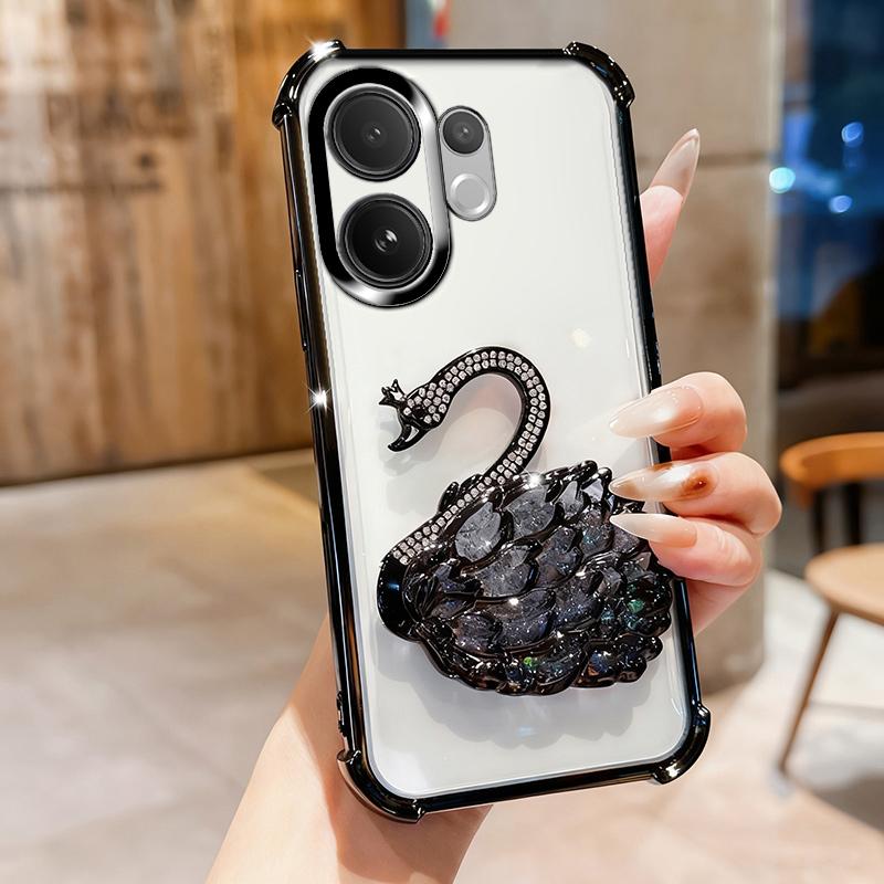 KEYSION Shockproof Plating Phone Case for VIVO V60 5G Clear Soft TPU Glitter Jewelled Swan Kickstand Back Cover for VIVO V60