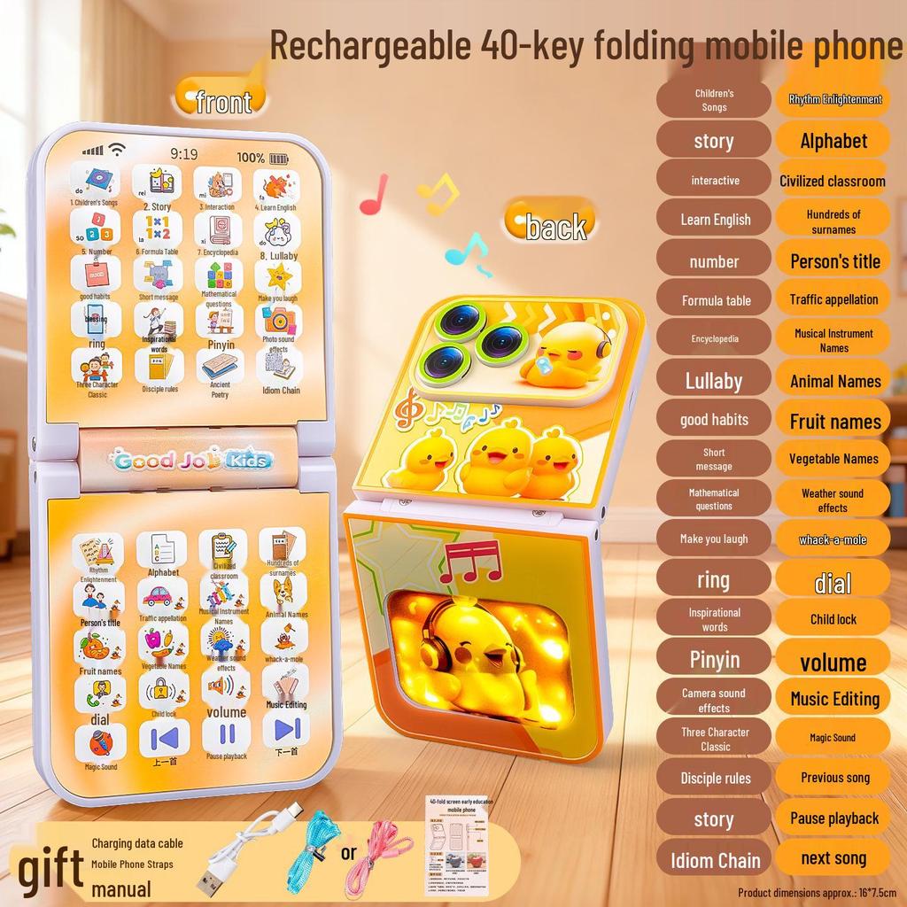 Early Education Foldable Screen Cartoon Phone Toy with 40 Keys: Multifunctional Baby Simulation and Learning Device