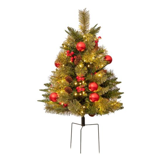 23 Inch Lighted Artificial Christmas Urn Filler Pre-lit Xmas Pine Tree with Cones Red Berries Tripod Stake And LED Light Outdoor Porch Planter Filler