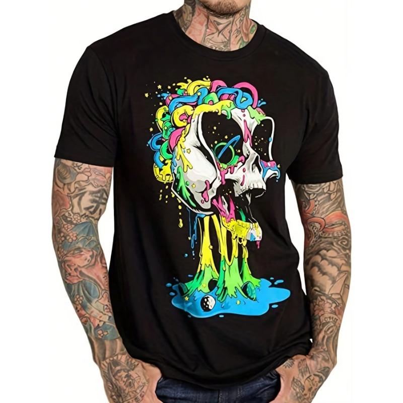 Mens Fashionable Skull Graphic T-Shirt - 3D Digital Print Breathable & Flexr Outdoor Tee with Vivid Art and Classic Crew Neck