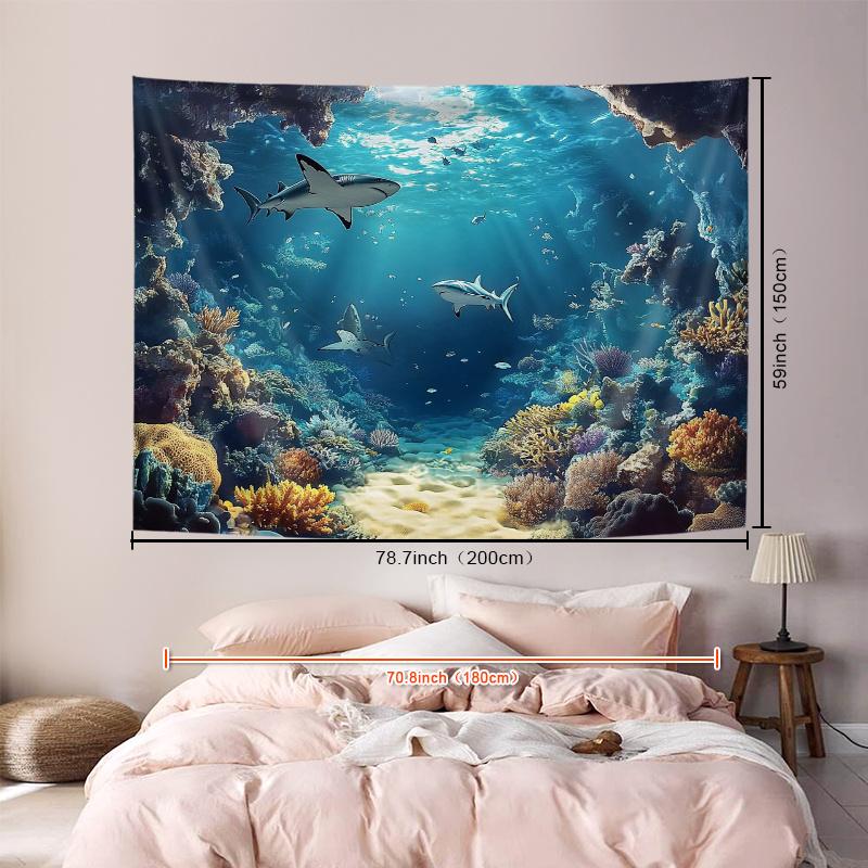 Underwater Ocean Wall Tapestry Shark Coral Reef Art Print Nature Decor For Bedroom Living Room Marine Theme Home Interior