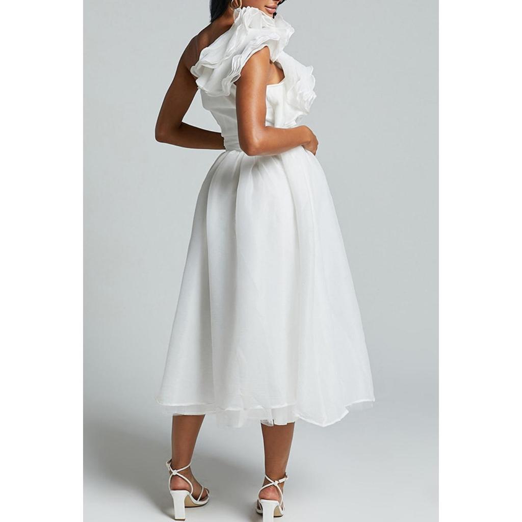 2025 Spring Summer Women's Dresses Elegant One Shoulder Sleeveless Pleated High Waist Female Long Dress Chic Ladies Holiday Robe