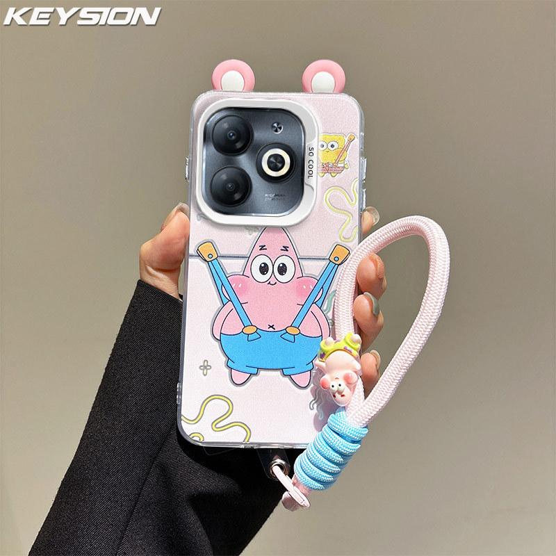 KEYSION Cute Ear Cartoon Case for Infinix Hot 40i with Lanyard Soft Silicone+PC Shockproof Phone Cover for Infinix Smart 8 HD
