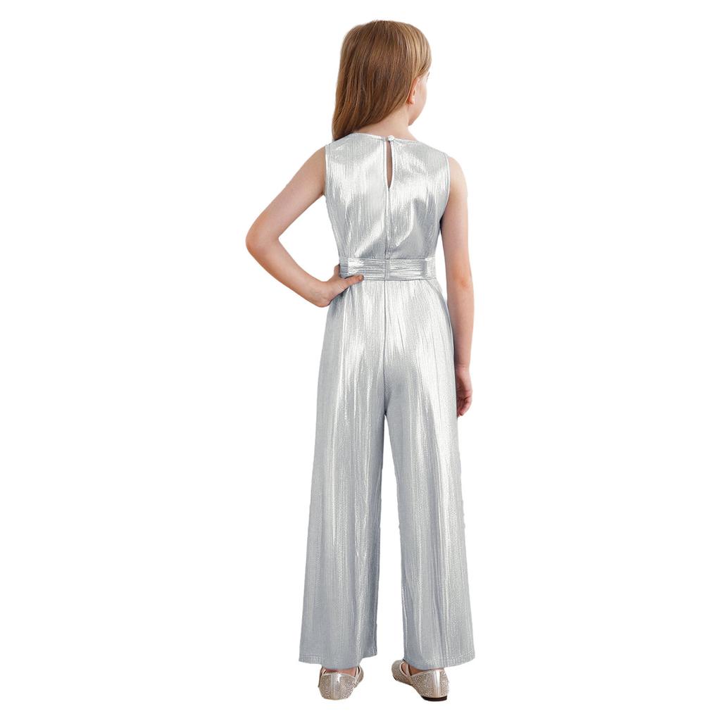 Mono de Concurso de Cumpleaños para Niñas Sin Mangas Cuello Redondo Metálico Acanalado Mameluco Pierna Ancha Body Detalle de Cinturón