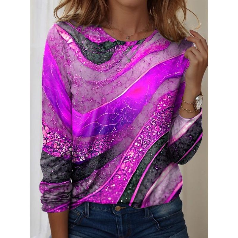 

Весенне-осенний топ с круглым вырезом, 3D-глиттером и абстрактным принтом, модные повседневные женские футболки с длинным рукавом S