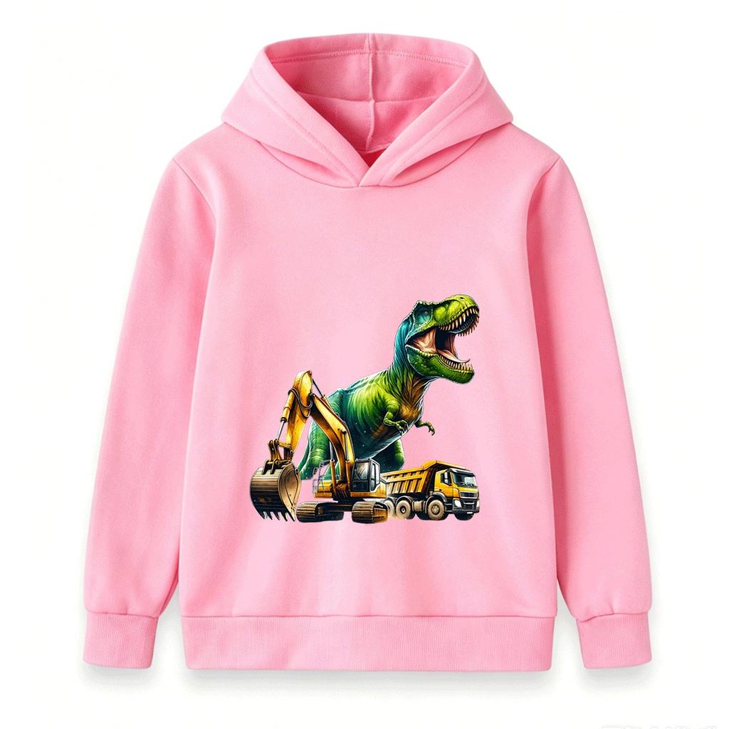 Kids Boys Girls Hoodie Sweatshirt Cool T-Rex Dinosaur Excavator Dump Truck Print Casual Pullover Hooded Tops for Construction Dino Fans