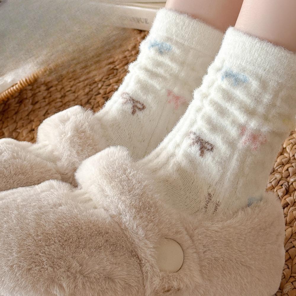 Fleece and Thickened Warm Socks, Cute Pink Australian Fleece Socks, Cartoon Embroidery Mid-calf Socks, Dui Dui Socks