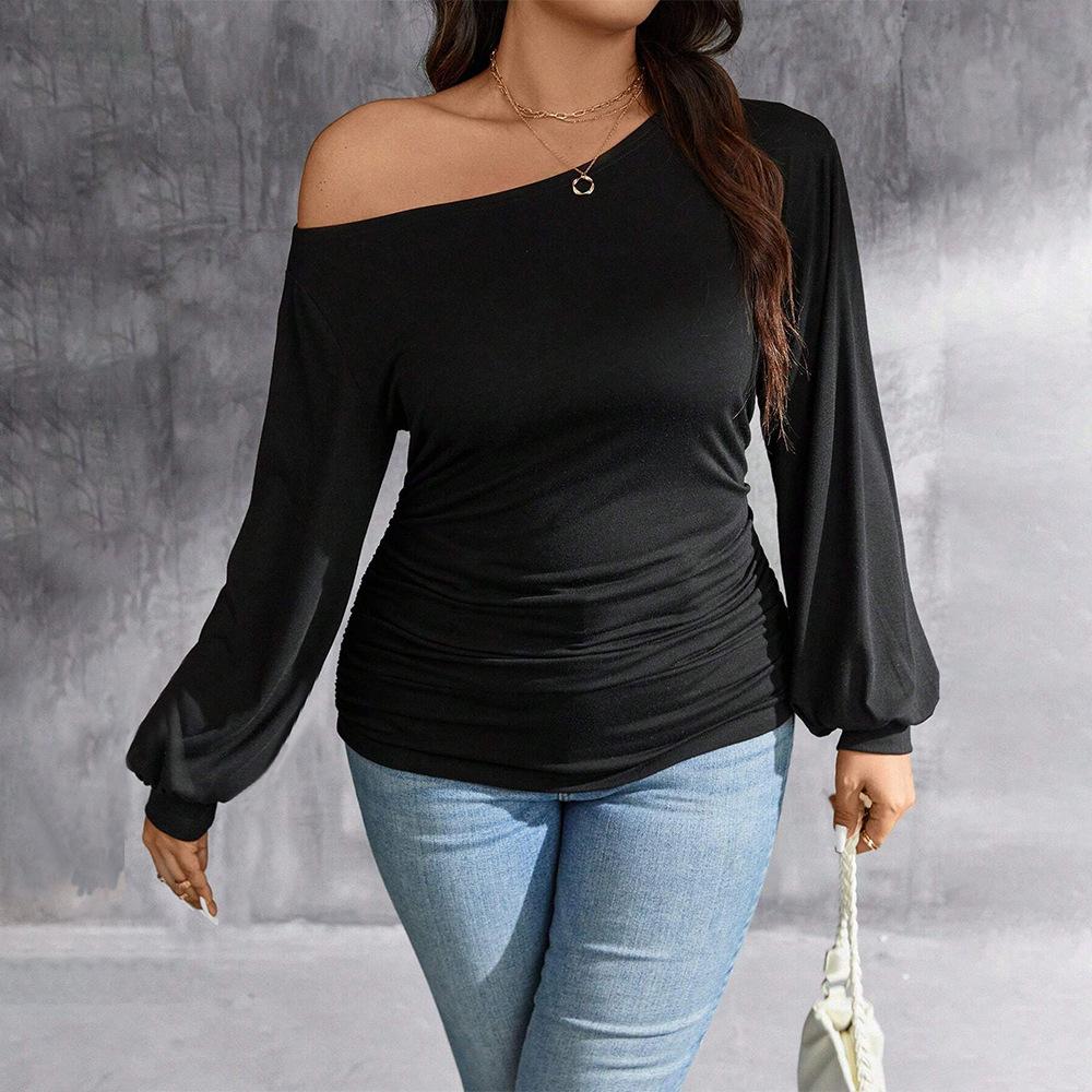 Plus Size Women Solid Color Slanted Collar Off Shoulder Slim Fit Long Sleeve T Shirt Top