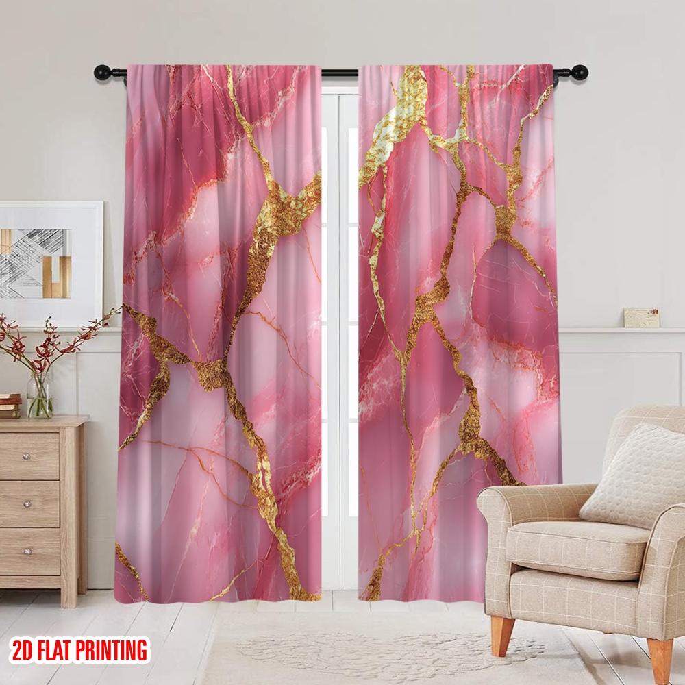 Set Of 2 Flat Printing Scene Curtains Pink Marble Polyester Family Party All Occasions Decorate Curtain Blackout