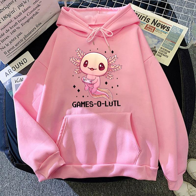 (Unisex hoodie)Cute Game Solotl Axolotl Video Gamer Letter Printing Hoodies Loose Sweatshirt Women Unisex Personality Long Sleeved