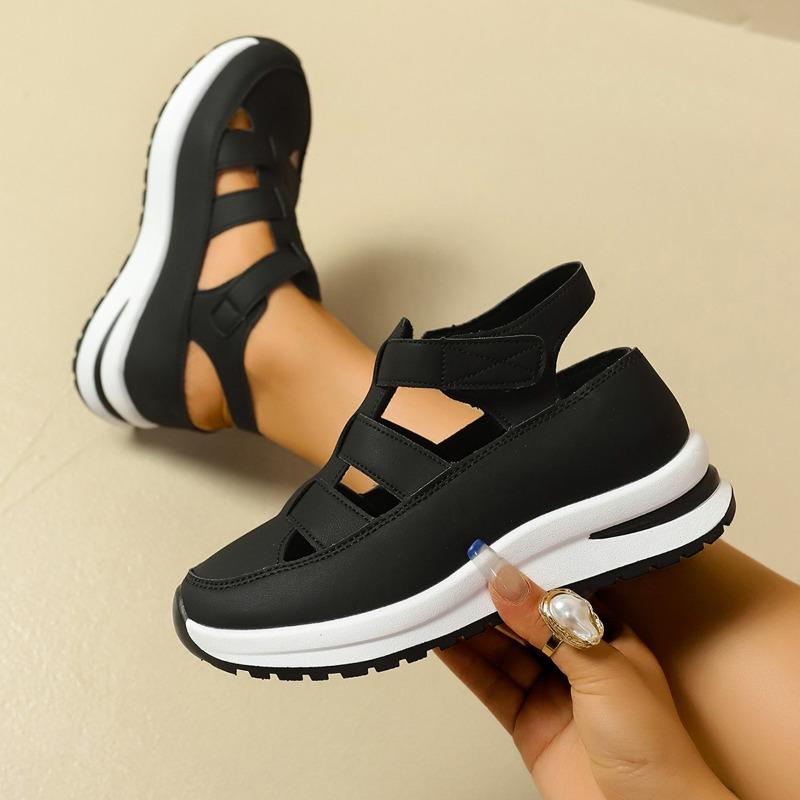 Women’s Breathable Cutout Wedge Sneakers, Thick Sole, Velcro Strap, Hidden Heel, Casual Summer Wear