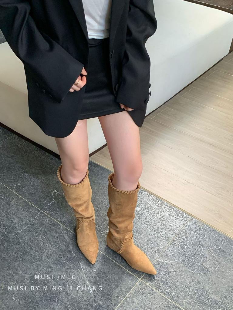 2025 winter new suede inner heightening knight boots long boots pointed but knee long boots children's pleated stacking boots