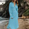 ZANZEA Women Casual V-Neck Solid Color Long Sleeve Sheath Dress