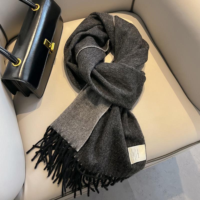 Gradual change color pure wool scarf women's winter versatile tassel long double-sided color large shawl dual-purpose new