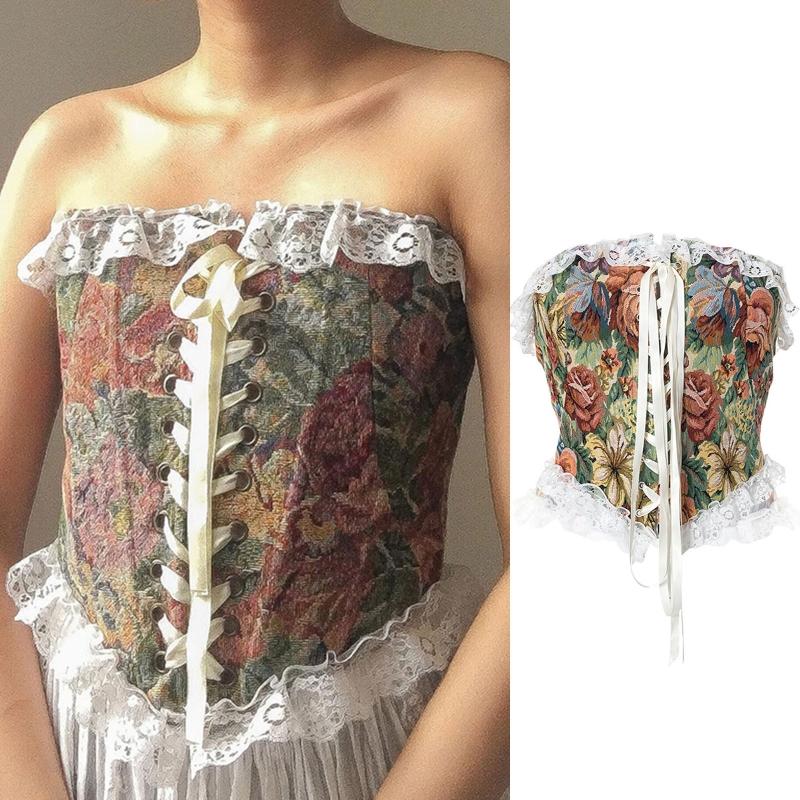 Vintage Floral Corset Vest Push Up Crop Tops Bustier Corset Top Lace Up Corset Top Strapless Bodice Corset Top