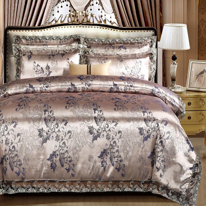 European Satin Jacquard Bedding Set - Lace-Trimmed, 4-Piece Set
