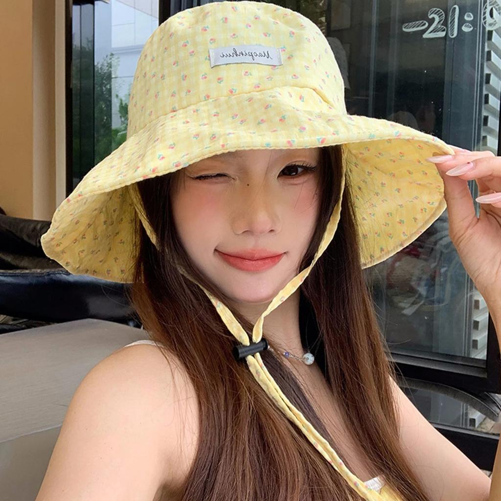 Women Sweet Floral Print Fisherman Hat Spring Summer Large Brim Lace-up Sunshade Bucket Hat for Women Girls Travel Beach Caps